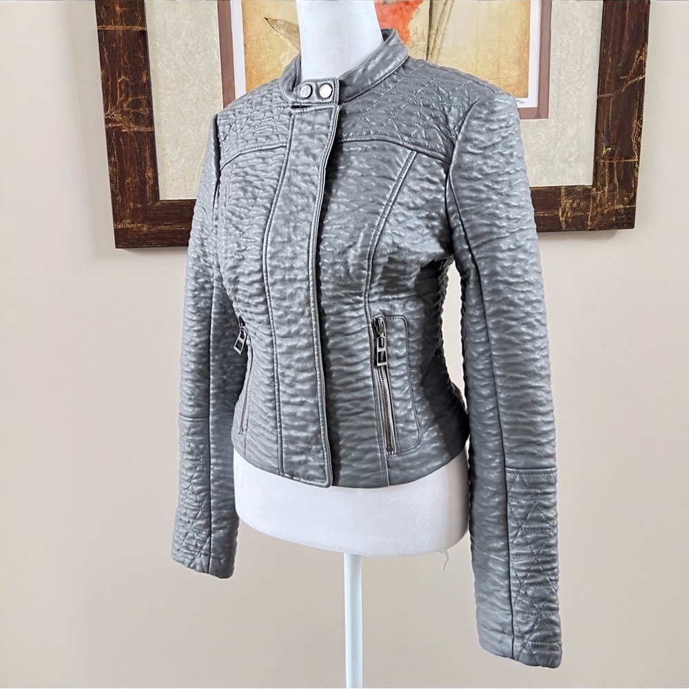 Blanc Noir Gray Quilted Faux Leather Moto Jacket Size S